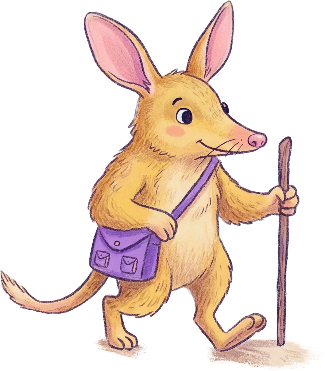 Illustration of Bilby walking with a walking stick and a purple satchel
