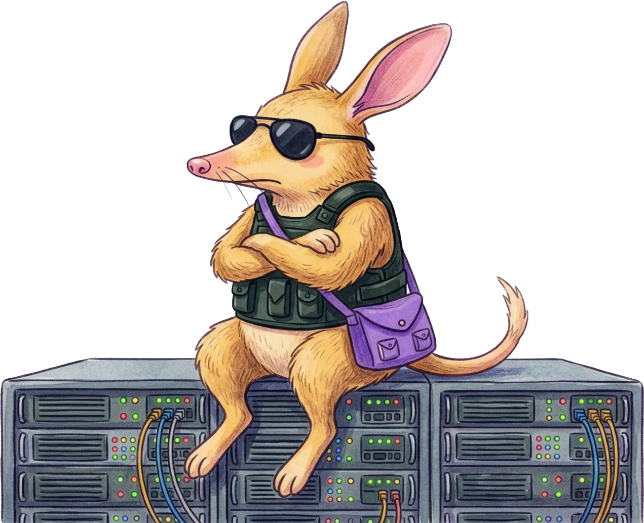 Bilby in sunglasses and a protective vest sitting with arms crossed on top of server racks