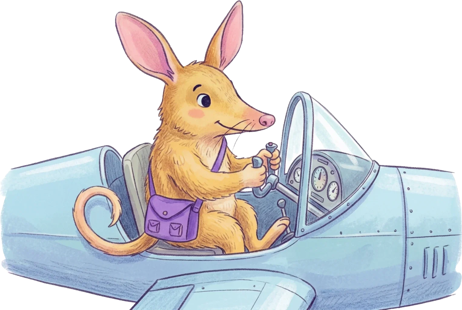 Bilby smiling at the controls of a pale blue open-cockpit plane